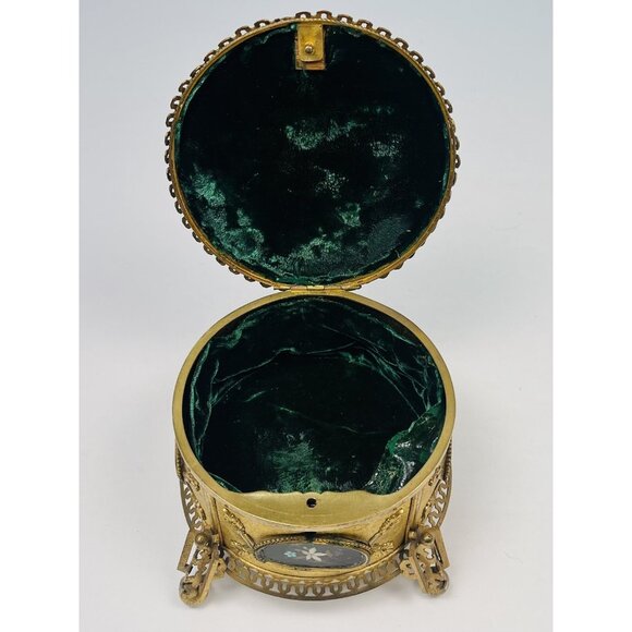 Antique 6.5" Pietra Dura Micromosaic Round Gilt-Bronze JEWELRY BOX w/ Velvet Key - Picture 10 of 12